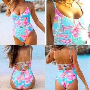 NEW Watercolors by Kenny Flowers $158 Hibiscus Belted One Piece Swimsuit MED NWT
